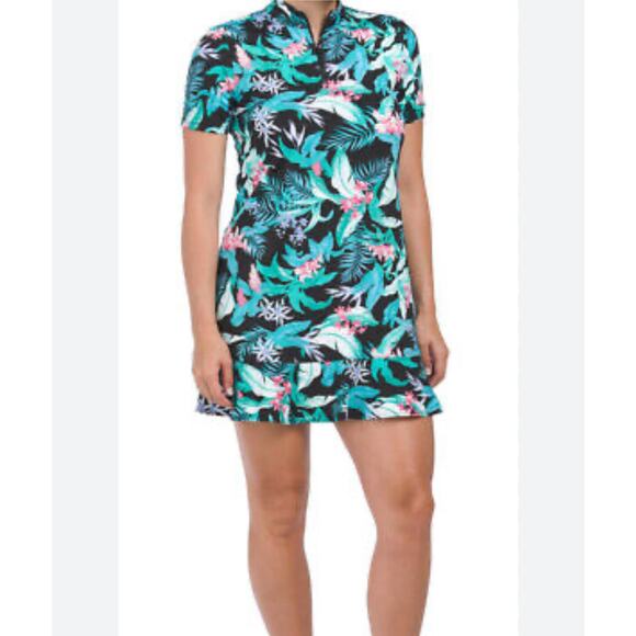 TOMMY BAHAMA GOLF Dress L Athletic Tennis Tropical Floral Ruffle Hem Quarter Zip - Picture 1 of 13